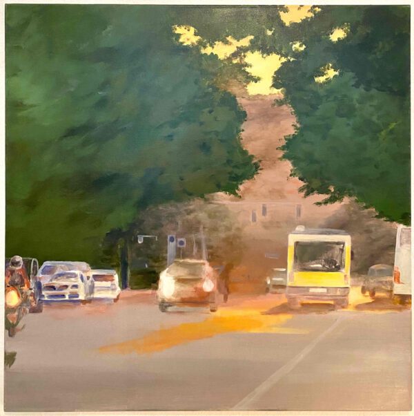 "O.T., Bus in der Abendsonne" 95 x 95 cm, acrylic on canvas, Felix Rieger 2017