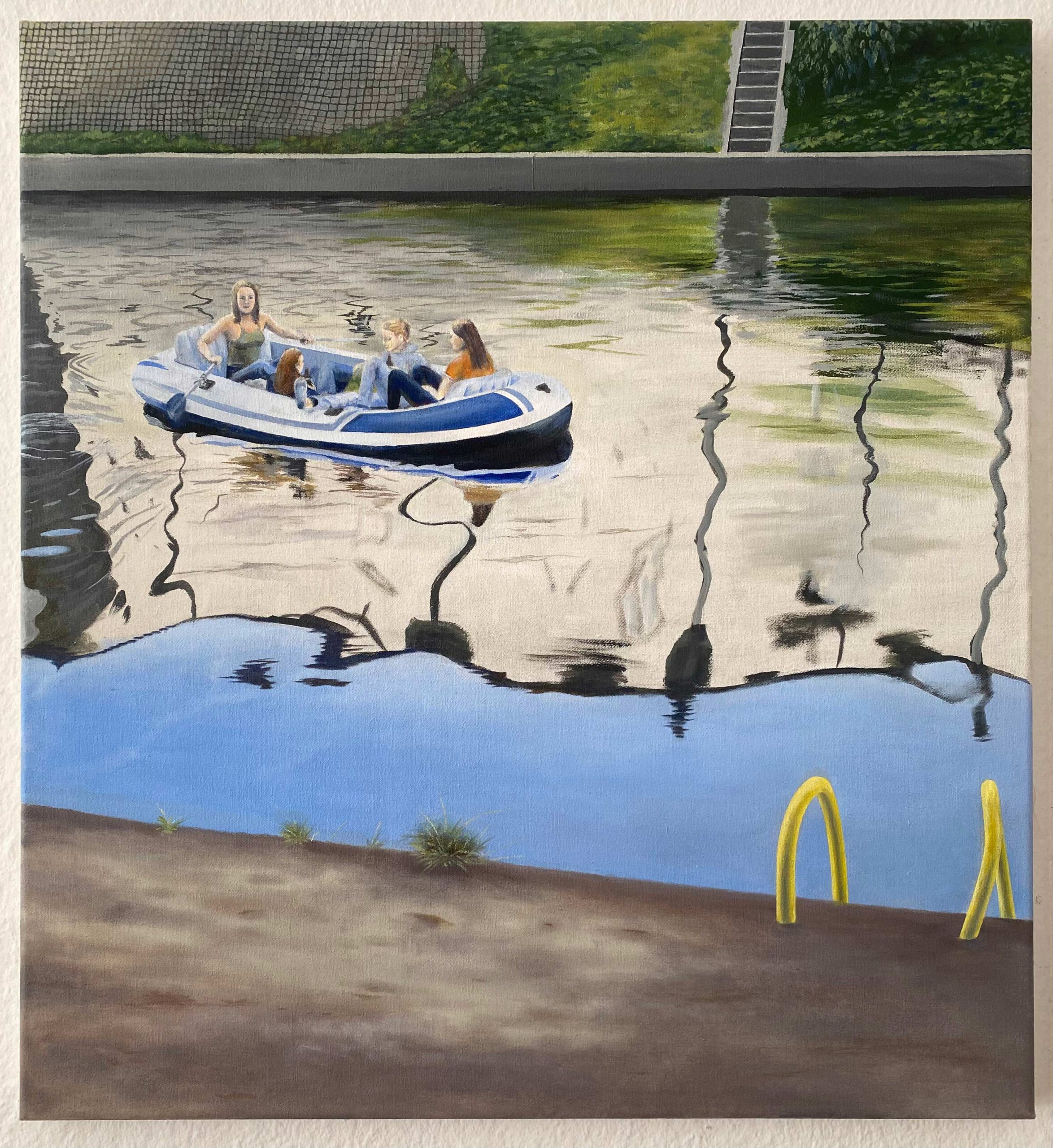 „Kanal mit Gummiboot“ oil and acrylic on canvas, 65 x 60 cm, Felix Rieger 2024